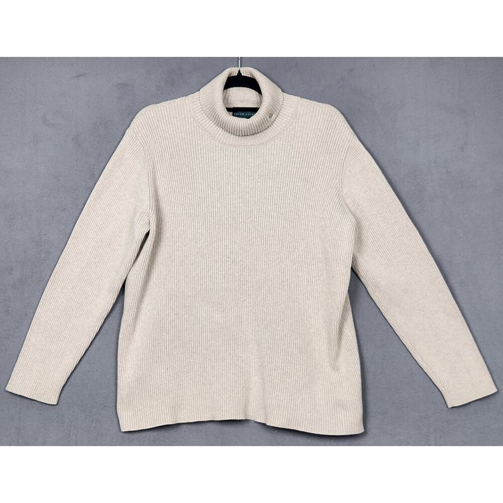 LAUREN RALPH LAUREN Turtleneck Sweater Women 2X Beige Oatmeal Ribbed Knit JAPAN